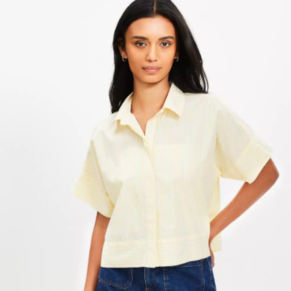Loft Striped Poplin Modern Pocket Top Yellow Stripe Button Up NWT Size XL